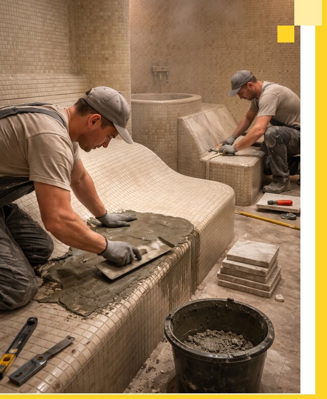 Лежаки для хамама под ключ в Павловском Посаде, проект и монтаж